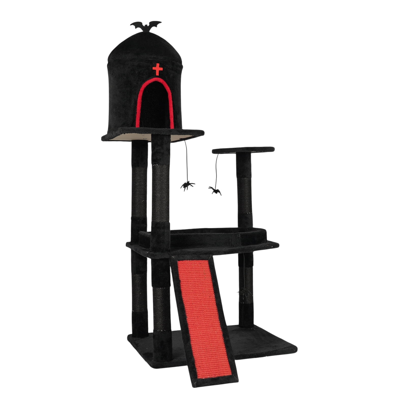 53 Inch Gothic Cat Tree Red Black Coffin Bed Spacious Condo Scratching Posts Spider Toys Multi Level Furniture for Large Cats