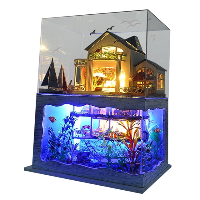 Casa ñecas miniatura con muebles, de casa ñecas de madera DIY, habitación creativa para regalo de San Valentín- Seaside SM SunniMix Casa de muñecas artesanales