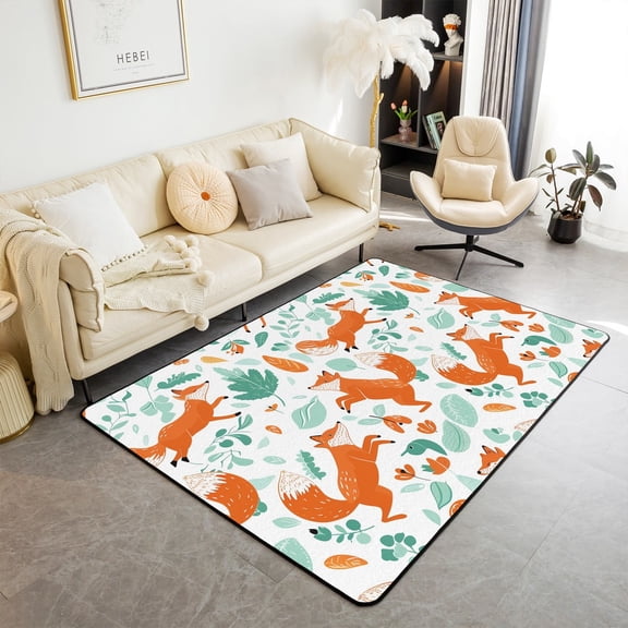 Cute Fox Decorative Rug 5x6'6,Cartoon Animal Green Leaves Indoor Floor Mat for Playroom Bedside Sofa Bedroom,Hand Drawn Abstract Animal Non Shedding Rug Teen