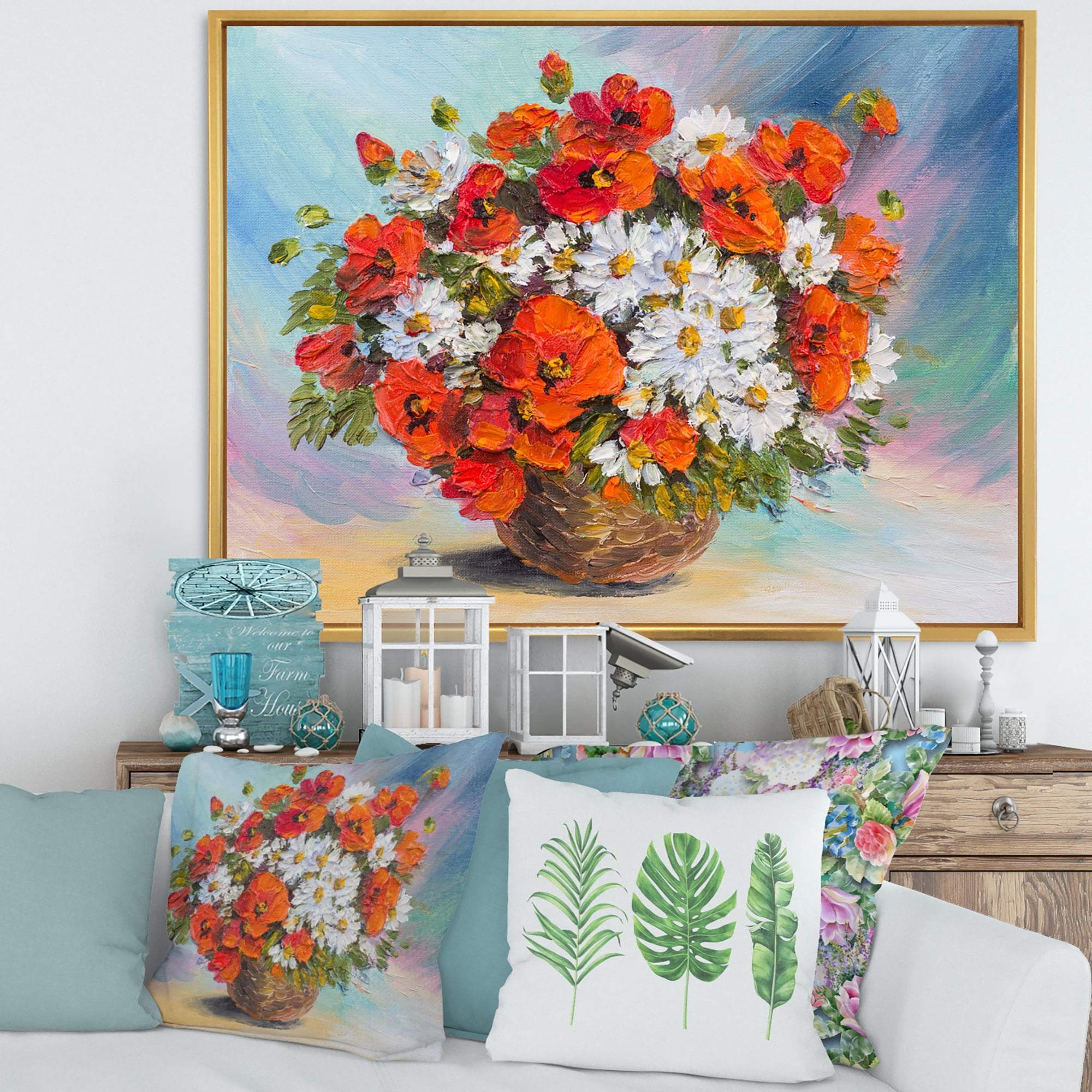 Still Life Bouquet Of Daisies and Poppies 40 in x 30 in Framed Painting Canvas Art Print, by Designart