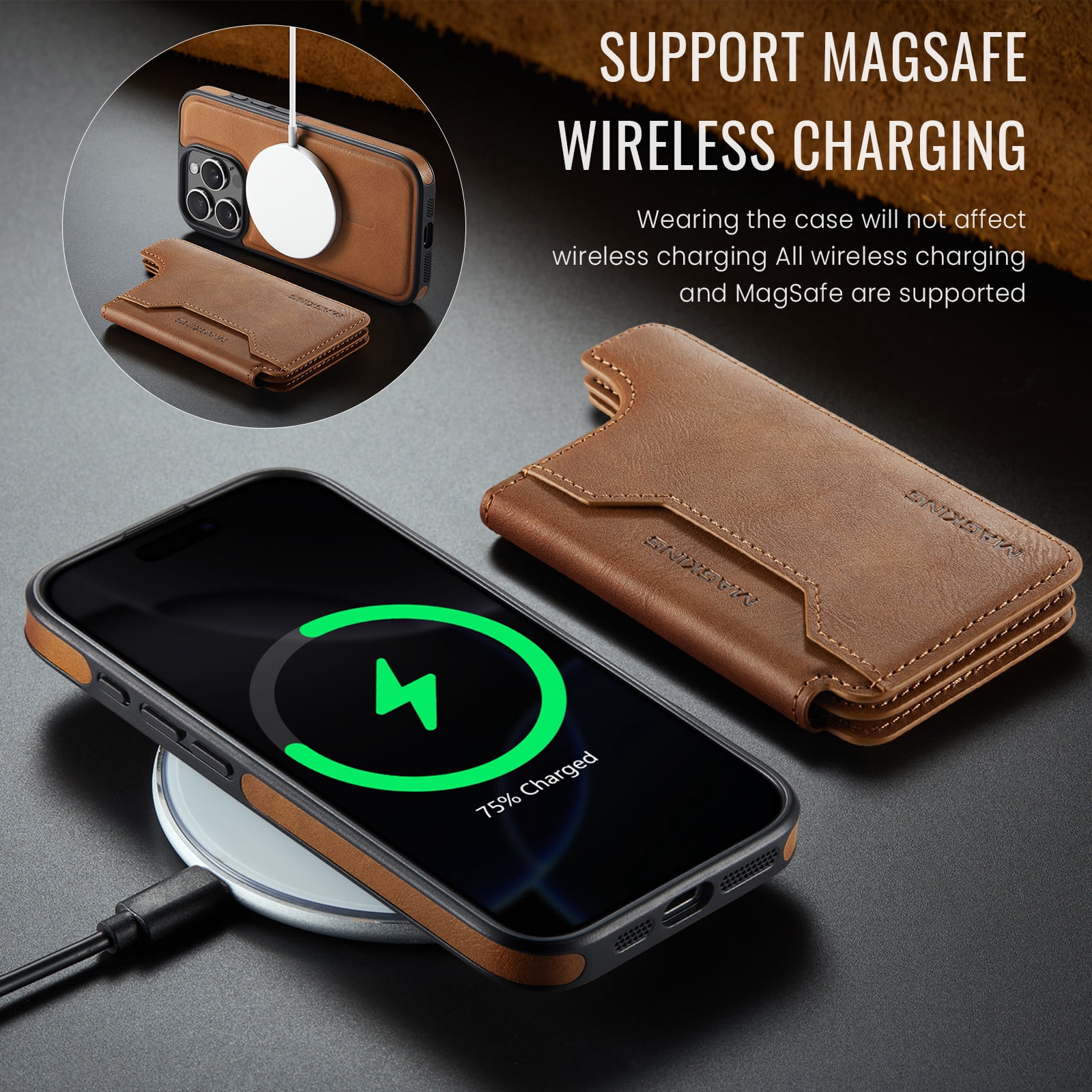 Designed for iPhone 16 Pro Max Wallet Phone Case,Magnetic Detachable Flip Card Holder,Back Flip Kickstand,Compatible with Mag-Safe,2-in-1 PU Leather Heavy Duty Shockproof Phone Case,Brown