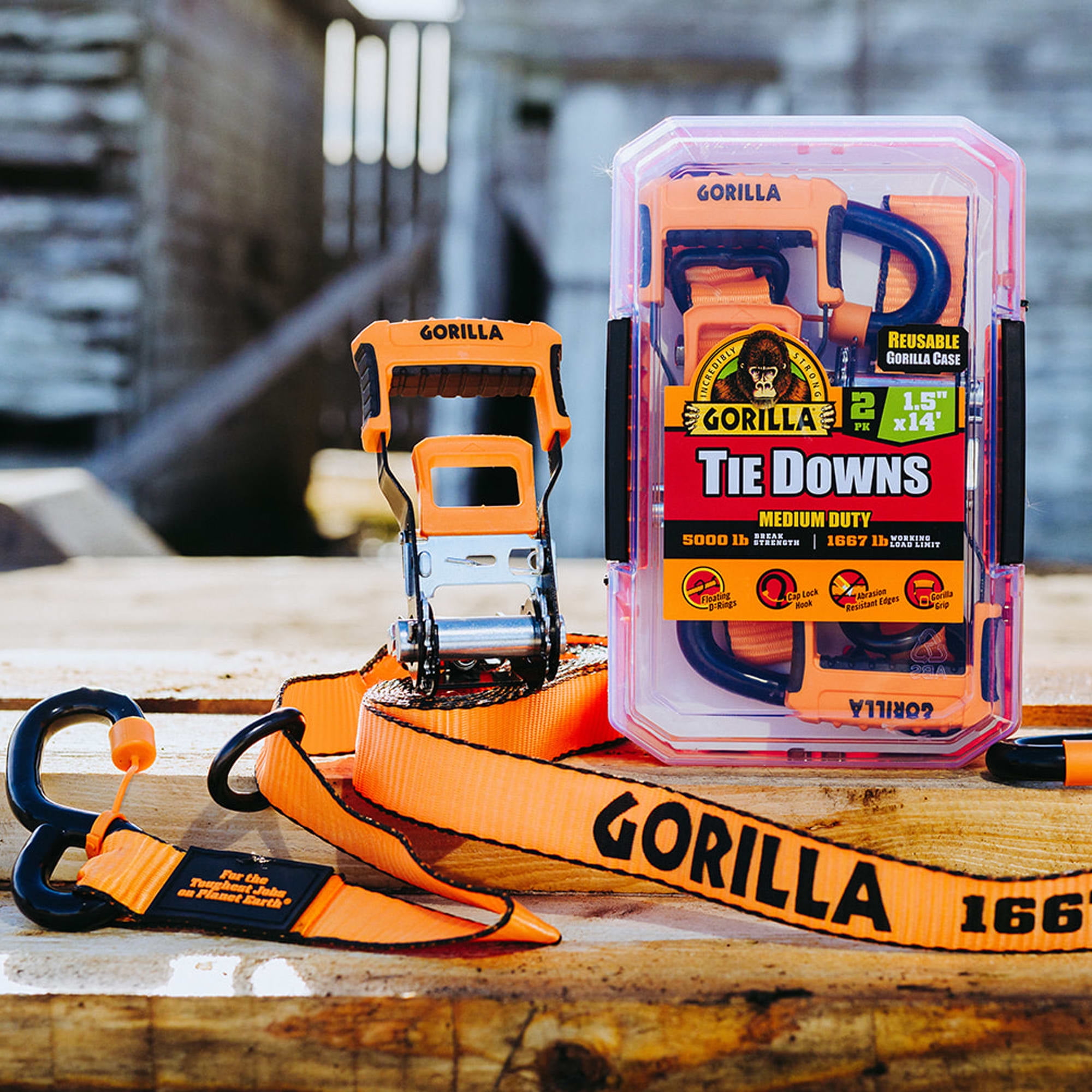 Gorilla 2 Pk 1.5" X 14' Ratchet Strap W/ Orange Gorilla Grip Handle W/ Cap Locks W/ Floating "D" Rings (Orange Webbing)