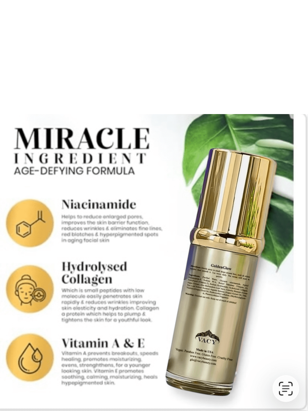 VACY GoldenGlow Triple-Action Facial Serum with Niacinamide, Hyaluronic Acid, and Collagen, Lightweight Hydrating Formula, 1 fl oz