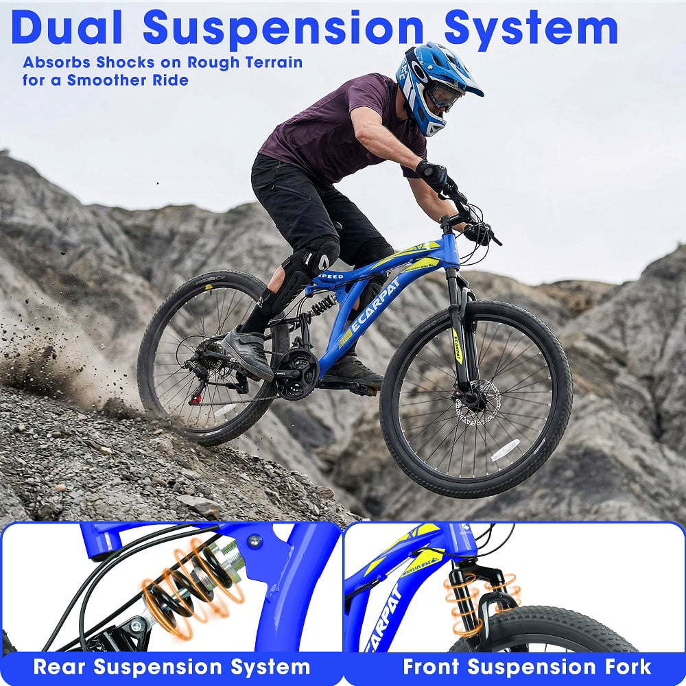 Blue,White 26 Inch Mountain Bike with 21-Speeds & Full Suspension Steel Frame, Alloy Rims, Disc Brakes For All Terrains