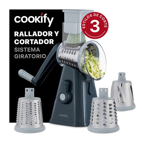 Rallador Giratorio con 3 cuchillas de Acero Inoxidable Cookify Cortador, Rebanador y Picador de Verduras