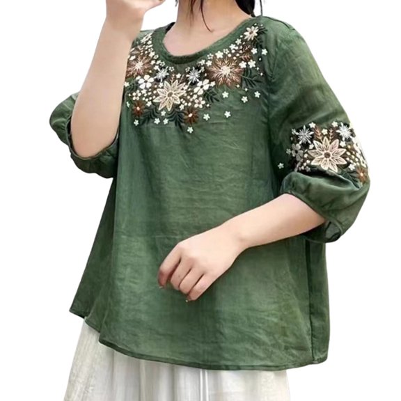 Yuncity Linen Clothes For Women Vintage Blend 3/4 Sleeve Embroidered T Shirt Loose Fit Summer Round Neck Top M-3Xl