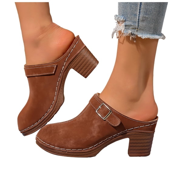 Pandaie Womens Chunky Stacked Heel Mules Closed Round Toe Heeled Slip on Clogs Suede Buckles Casual Backless Pumps Loafers Shoes Brown Size 6