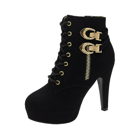 

AnuYalue Boots on Clearance 2024 Womens Pointed Toe Ankle Boots Stiletto Heels Side Zipper Chunky Heel Combat Ankle Bootie Lace up w/Side Zipper