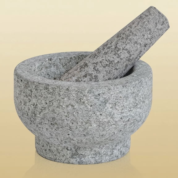 Grey Mortar and Pestle Set - 5 Inch - 1 Cup Capacity - Heavy Granite for Grinding Spices, Herbs and Avocado Masher for Guacamole and Pesto