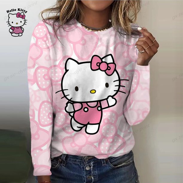 Camisetas de dibujos animados de Navidad para mujer, ropa de calle de HELLO KITTY, sudadera de manga larga con cuello redondo, camiseta informal para primavera y otoño
