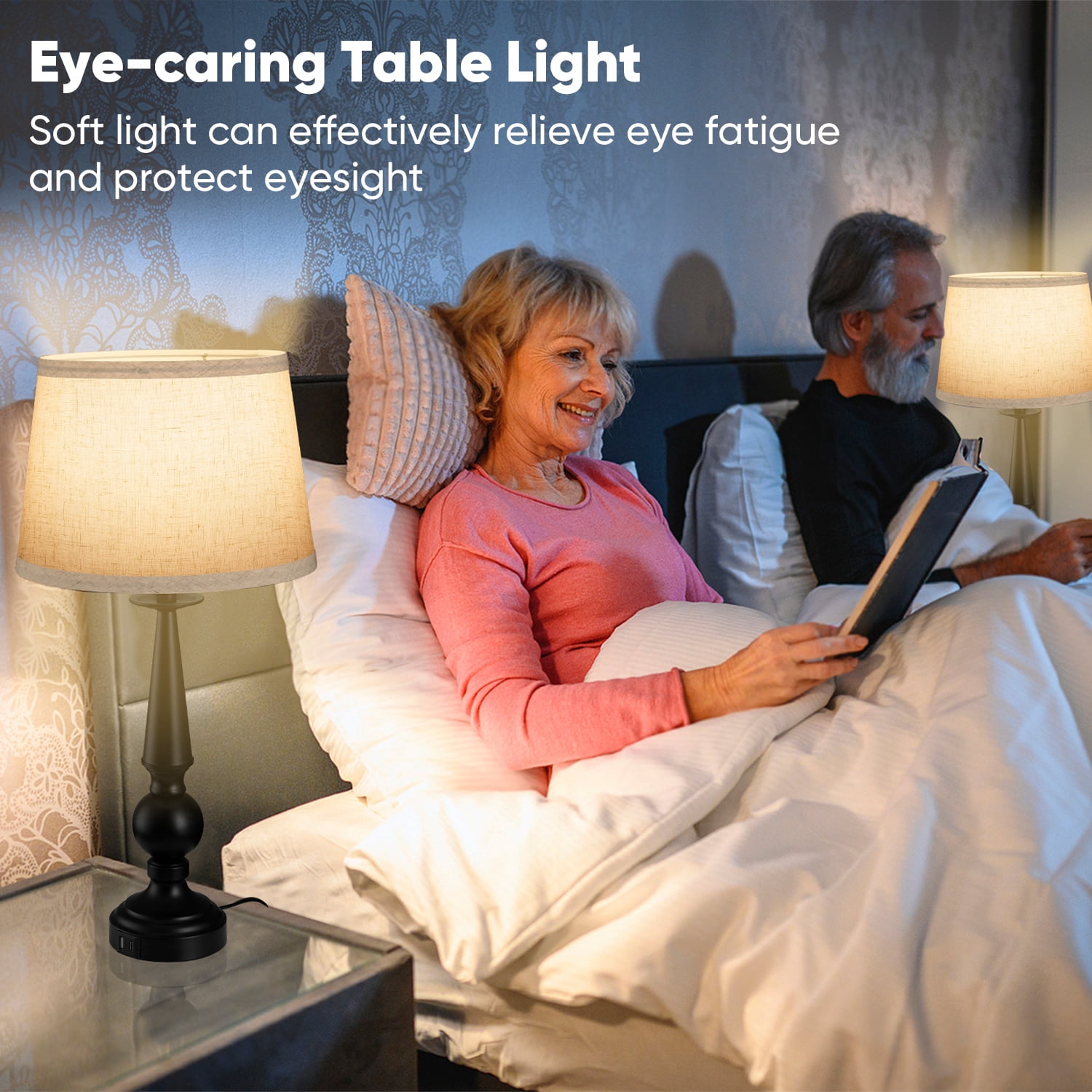Walchoice Table Lamp Set of 2, Farmhouse Traditional Bedside Lamps with 2 USB Charging Ports, Dimmable Touch Nightstand Lamps for Bedroom Living Room, Rustic Metal Base & Fabric Linen Shade