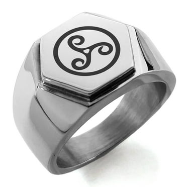 Stainless Steel Celtic Triskele Triskelion Engraved Hexagon Crest Flat Top Biker Style Polished Ring