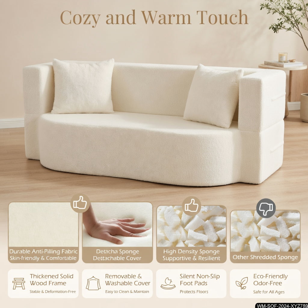 Hommoo 75.5" 2-in-1 Folding Sofa Bed, Teddy Fleece Convertible Floor Loveseat with Removable Washable Cover, Ergonomic Curved Design & 2 Plush Pillows, Beige