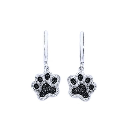 - Black & White Natural Diamond Paw Print Dangle Earrings In 14K White Gold Over Sterling Silver (1/6 Ct)