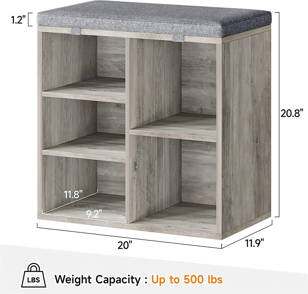 3 Tiers 5 Cube Wood Shoe Bench with Foam Padded Seat Cushion & Side Pocket Shoe Rack