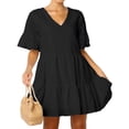 thumbnail image 2 of FANCYINN Womens Black Shift Dress with Pockets Fully Lined Bell Sleeve Ruffle Hem V Neck Spring Swing Tunic Mini Dress XL, 2 of 5