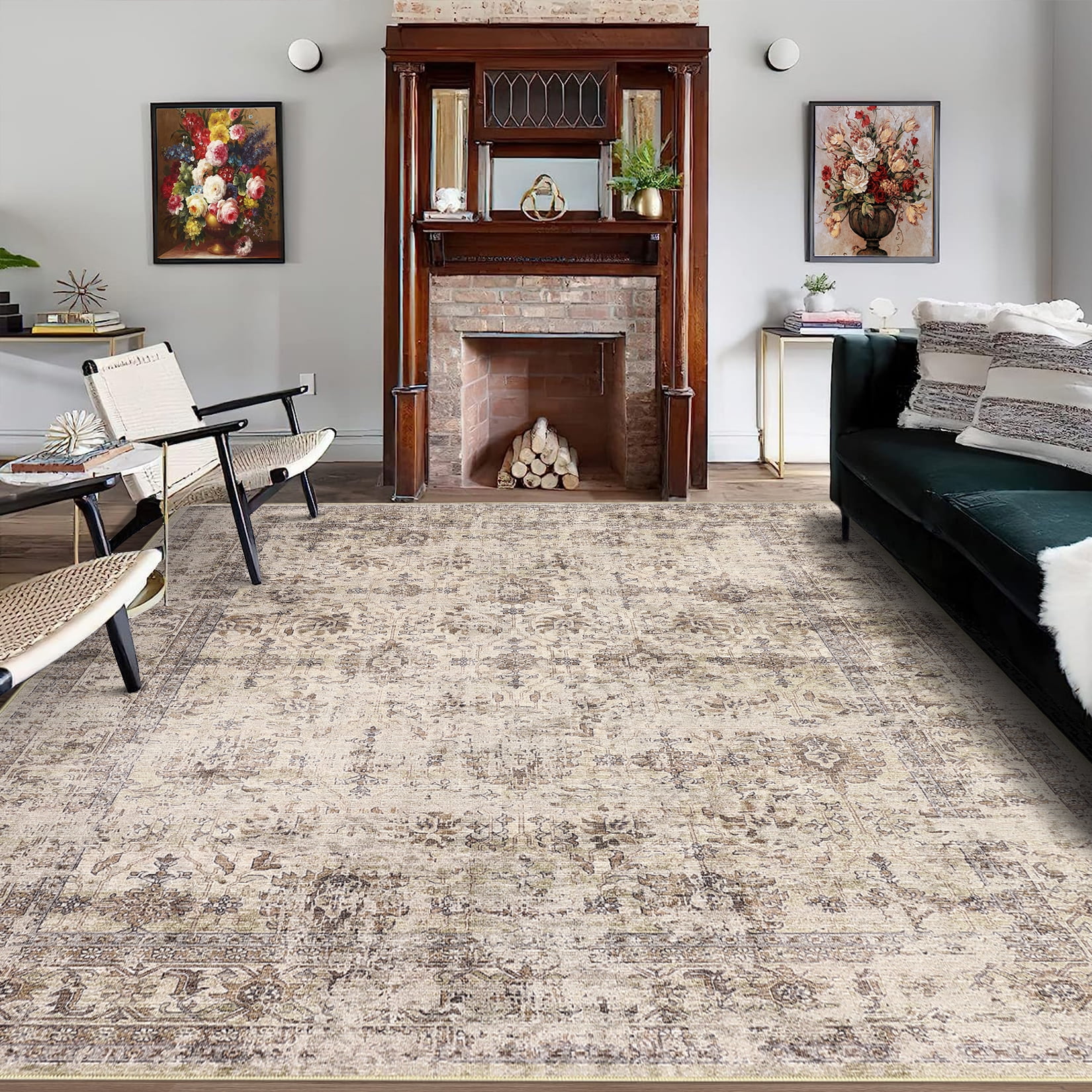 FairOnly 5'x7'Oriental Distressed Area Rug Machine Washable Non Slip Vintage Soft Indoor Floor Cover for Living Room Bedroom Office Study Room,Beige