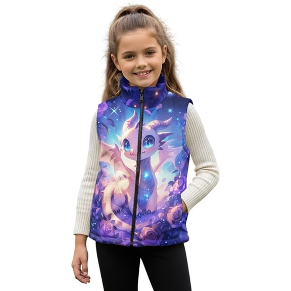 Yuyamidu Dragon Fuzzy Fleece Vest for Toddler Girls 2T Winter Zip Up Vest with Pockets Warm Stand Collar Sleeveless Jacket for School Outdoor Lightweight Waistcoat Outerwear