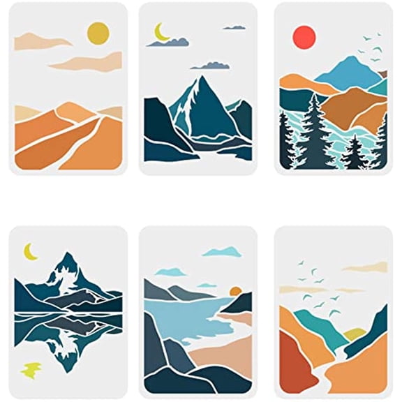 6Pcs Mountains Landscape Stencil 11.7x8.3 inch Mountains Stencils Template Plastic Moon Sun River Tree Stencils Reusable DIY Nature Landscape Stencil for Home Decor Mountains Painting