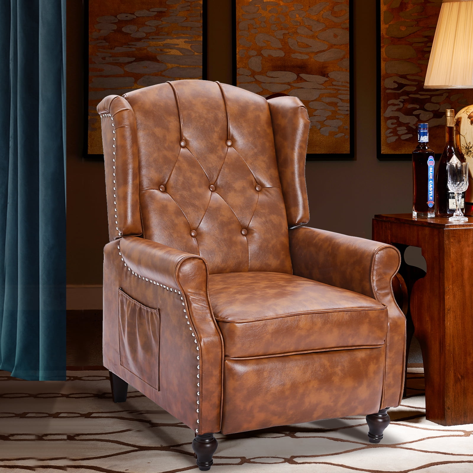 Recliner Wingback Chair - PU Leather Arm Chair Recline Heating Function, Adjustable Backrest,Brown