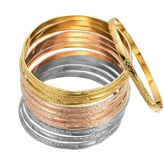 QQTDFG Women's 12pc Tri-Color Stainless Steel Gold Silver Rose Gold Bracelet Bangle Set-default