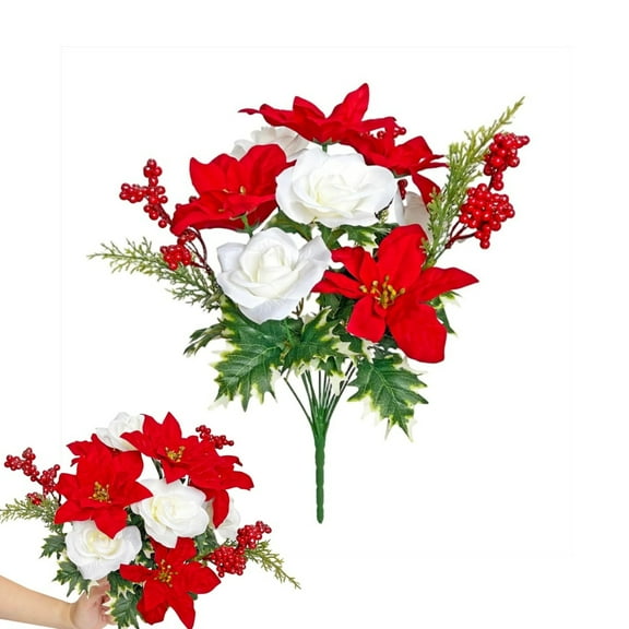 Poinsettias Artificial Flower Decoration,1pack Resuable Red Fake Flower,QZS Christmas Red Artificial Floral Arrangement for Table Centerpiece Decor