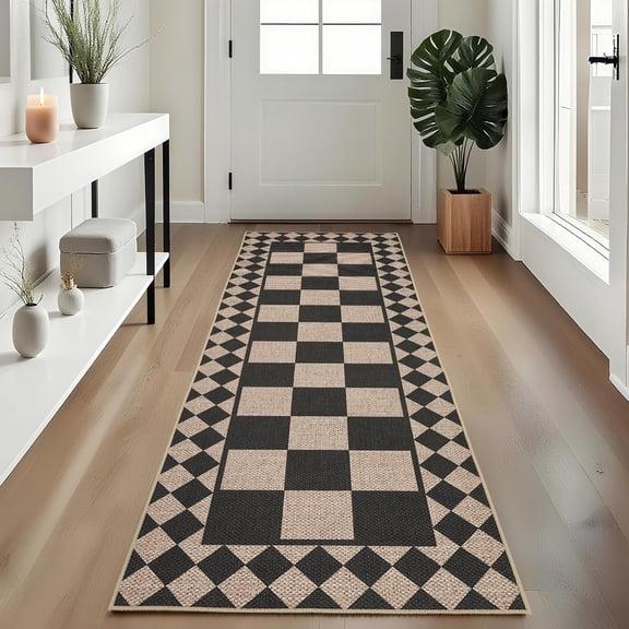 Modern Runner Rug for Hallway 2x6 Checkered Easy Jute Rug with Non-Slip Backing, Stain-Resistant Kitchen Runner, Washable Geometric Indoor Outdoor Rug for Laundry Entryway, Black