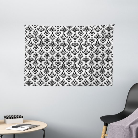 Damask Decor Tapestry, Damask Pattern Tiles Interchangeable Retro Nostalgic Baroque Stencil Artwork, Wall Hanging for Bedroom Living Room Dorm Decor, 60W X 40L Inches, Black White, by Ambesonne