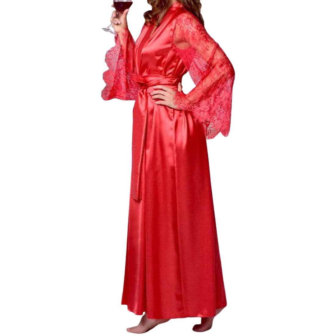 Womens Silk Satin Bathrobe Pajamas Sheer Lace Sleeve Deep V Robe Lingerie Sleepwear Nightwear