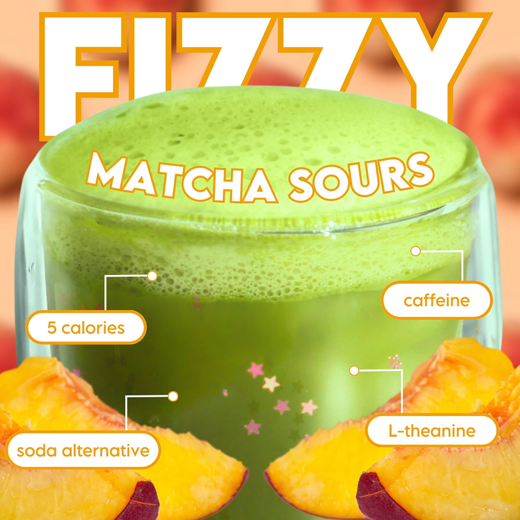 Sipology: Fizzy Matcha Sours - Candy Peach - Sparkling Beverage Powder Mix,Japanese Matcha, 2.33 oz, 15 Stick Pack