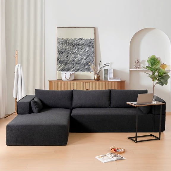 112" Modular Sectional Sofa in Black Boucle Fabric: 4-Seat L-Shape Couch with Free Side Table, No Assembly, Wrinkle-Resistant, Perfect for Living Room