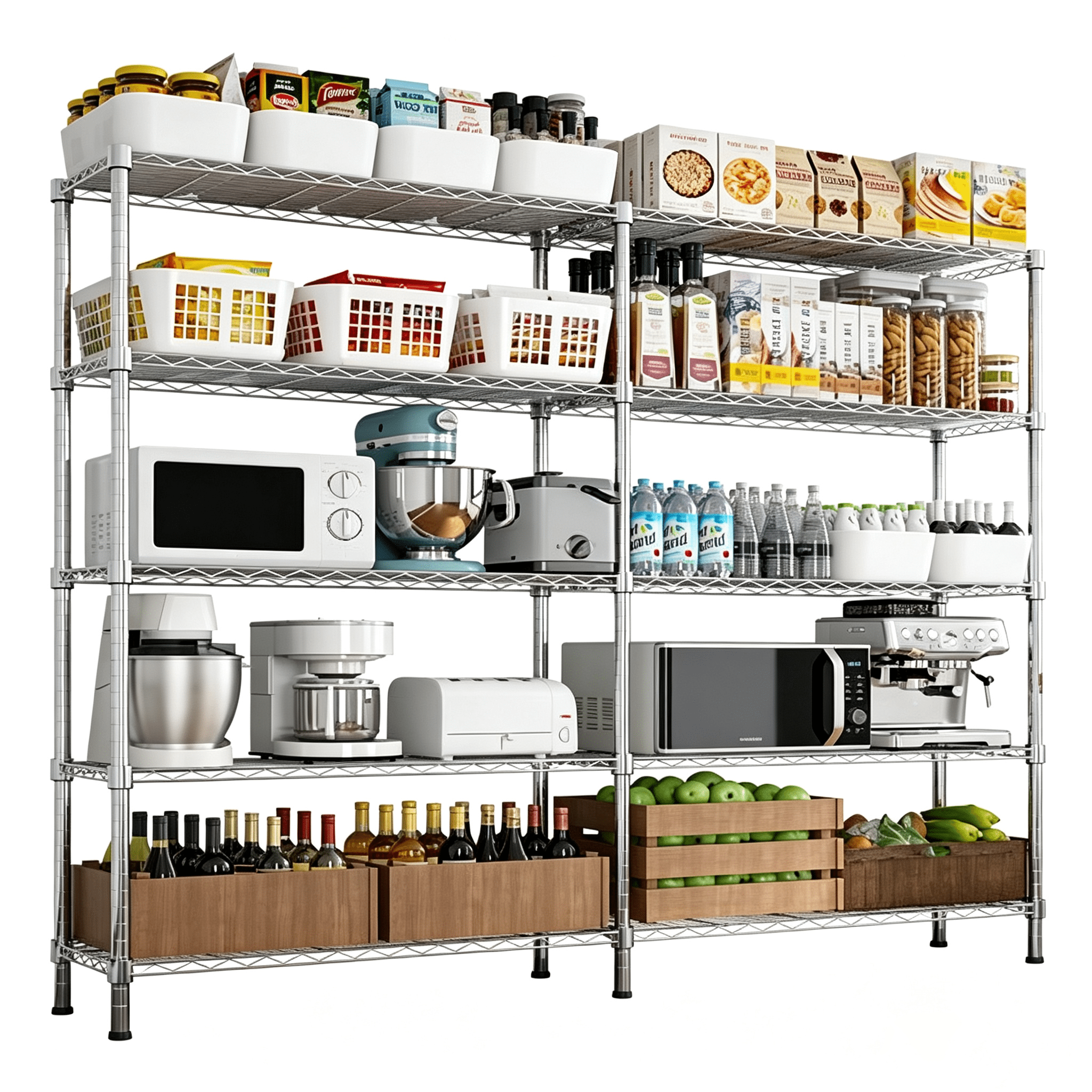 5-layer double row, freely adjustable layer spacing, with adjustable feet, display stand, iron, 147*35*180cm, chrome-plated