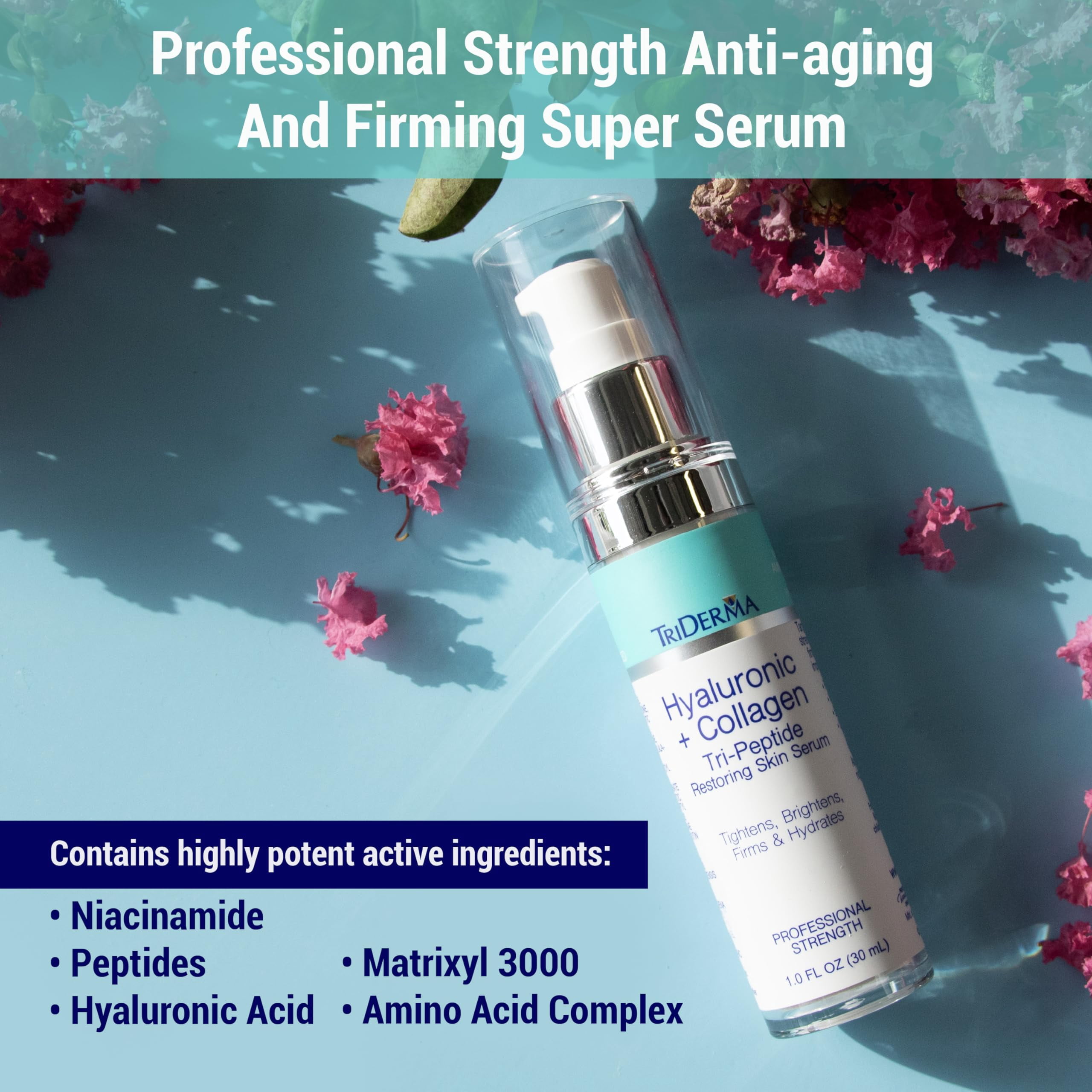 TriDerma Hyaluronic Acid Face Serum with 5% Niacinamide, Collagen Peptides & Matrixyl 3000, Hydrating Anti Aging Serum for Fine Lines & Wrinkles, 1 fl oz