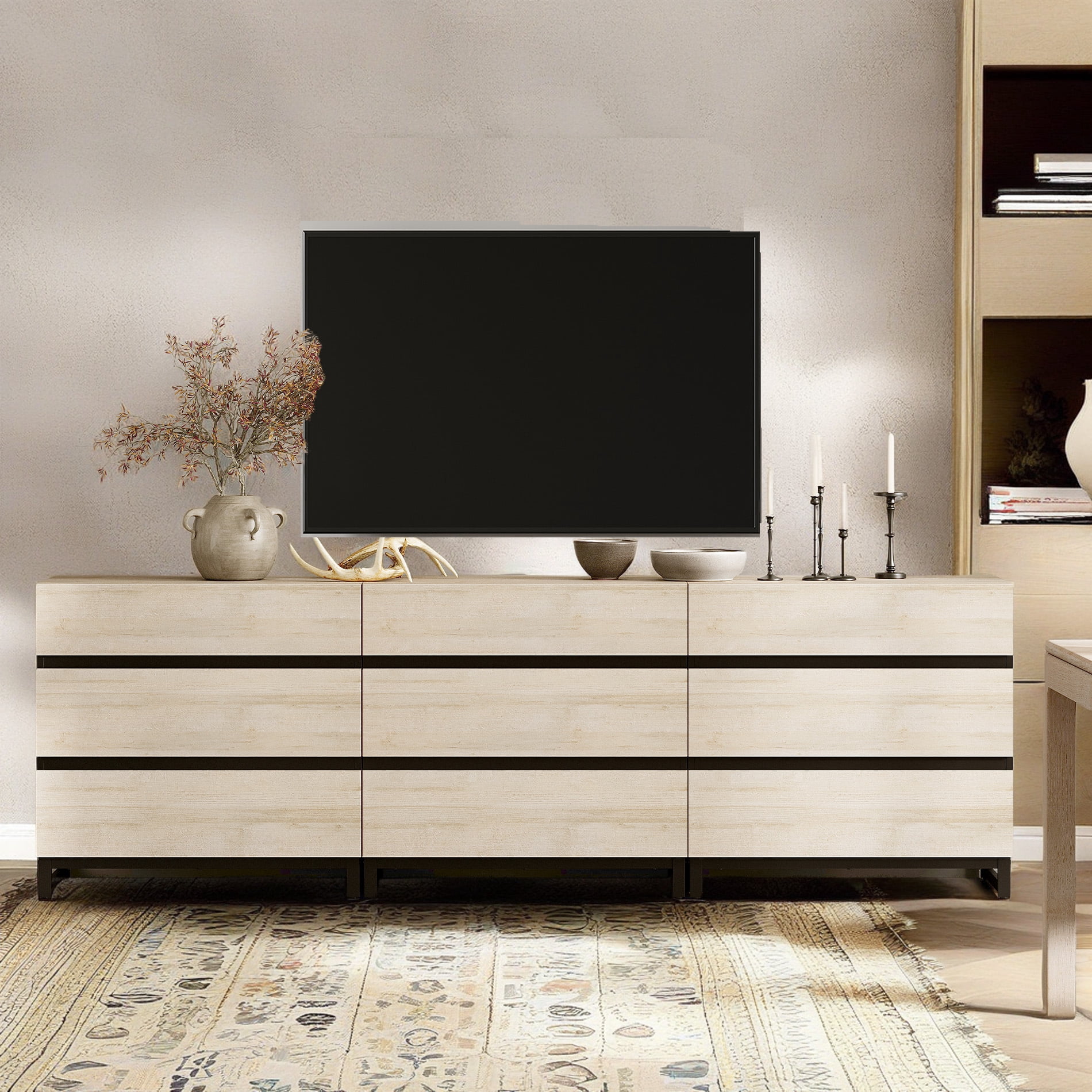 Modern TV Stand with 9 Drawers and Metal Base, Entertainment Center Media Console for Living Room Bedroom, Fits TVs up to 100 Inch, Beige