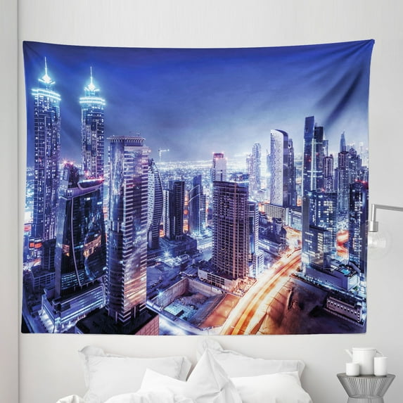 City Tapestry, Dubai Downtown UAE Night Scenery Modern High Rise Buildings Travel Destination, Fabric Wall Hanging Decor for Bedroom Living Room Dorm, 5 Sizes, Violet Blue Orange, by Ambesonne