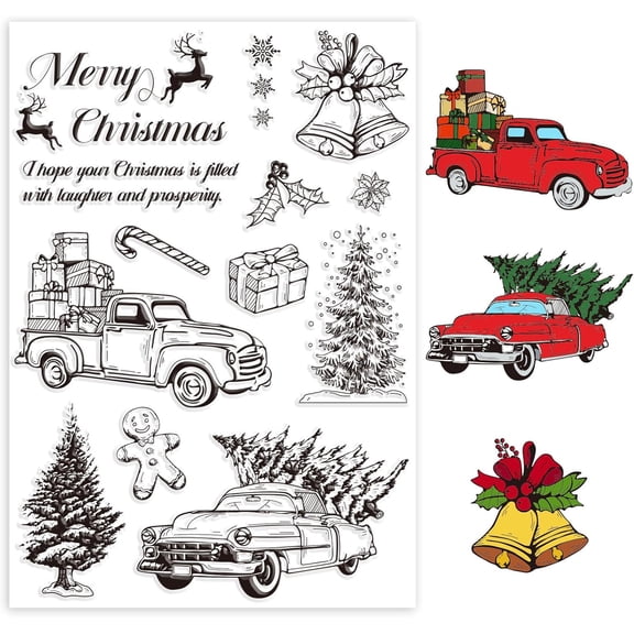 Christmas Tree Truck Clear Stamps for DIY Scrapbooking 8.3x5.8inch Merry Christmas Silicone Clear Stamp Seals Transparent Stamps for Cards Making Photo Album Journal Home Decoration