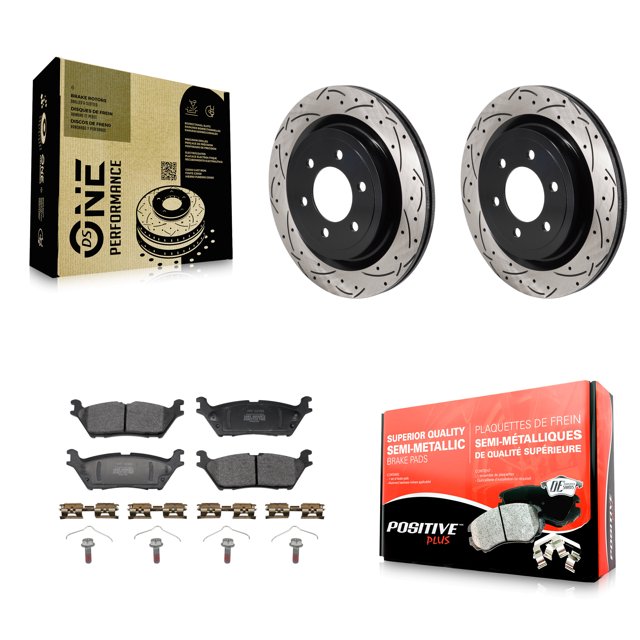 Transit Auto Rear Coated Drilled Slotted Disc Brake Rotors and Semi-Metallic Pads Kit for Car Ford F-150 Lightning KDF-101352