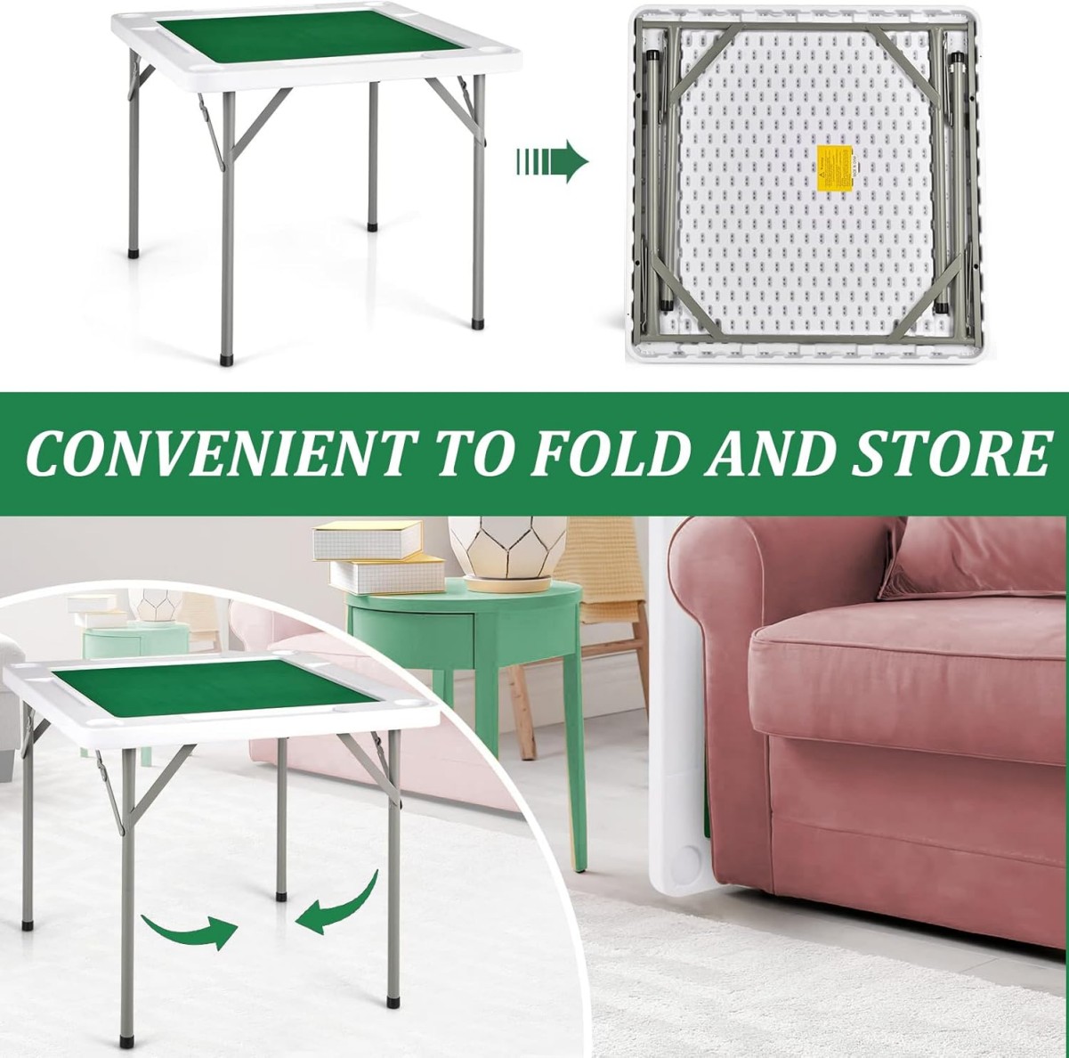 WSYW Mahjong Table with Folding Legs, 35.4x 35.4 Square Domino Game Table, Portable 4 Player Board Game Table with Cup Holders, Chip Grooves and Green Table Felt, White