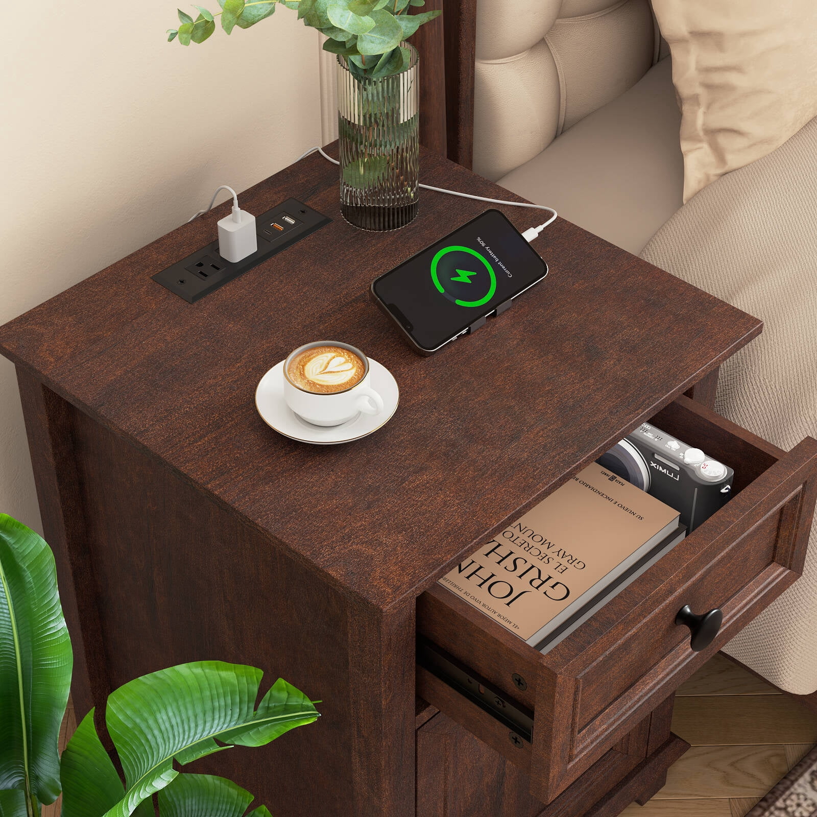 FAGAGA End Tables Set of 2 for Living Room with Charging Station, Side Table with Drawer and Adjustable Storage Shelf, Rustic Wooden Nightstands for Bedroom | Cherry