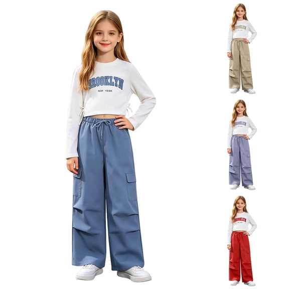 Pandaie Tween Girls 2 Piece Streetwear Outfit Letter Print Side Drawstring Crop Long Sleeve Top Wide Leg Pocket Cargo Pants Casual Tracksuit Brown,9-10 Years