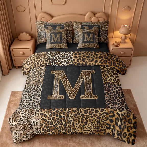 Catabedysis Personalized Letter Gifts 7-Piece Twin Bedding,Fashion Leopard Alphabet M Bedding Comforter Set,Black Reversible For Girls