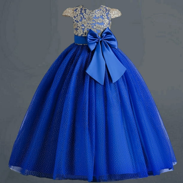 Vestidoo Formal Vestido de cintura alta con cuello redondo y elegante vestido de princesa con vuelo para niñas Ygjytge Azul 6-7- años para Niña