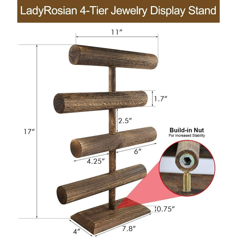 Brizi Living Wooden 4-Tier Jewelry Display Stand, Necklace Jewelry Display Organizer Bracelet Holder for Shows, Brown Color(Paulownia), Adult Unisex