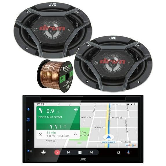 JVC KW-V66BT Double DIN AM/FM Radio Bluetooth USB DVD Player Multimedia Receiver Bundle Combo with 2x 6x9" 4-Way 550 Watt Peak Power Factory Upgrade Coaxial Car Audio Speakers and 16G Speaker Wire