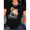 thumbnail image 1 of Women's Adorable Bicycle Bear Graphic Tee - Casual & Sporty Round Neck Short Sleeve, Comfortable Polyester Blend Summer Top with Stretch, Machine Washable, 1 of 6