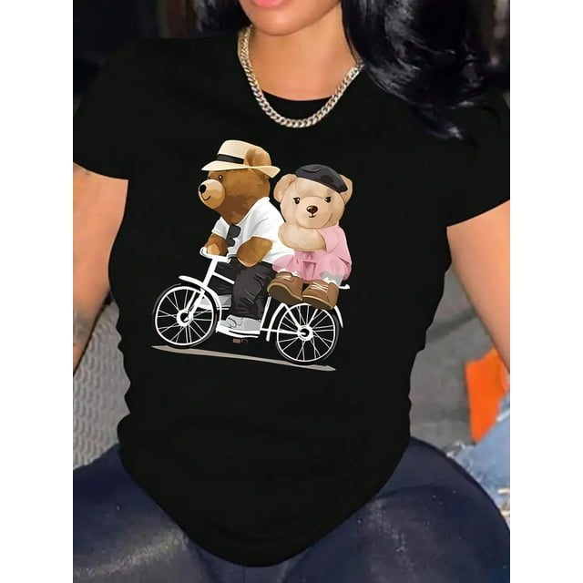 Women's Adorable Bicycle Bear Graphic Tee - Casual & Sporty Round Neck Short Sleeve, Comfortable Polyester Blend Summer Top with Stretch, Machine Washable