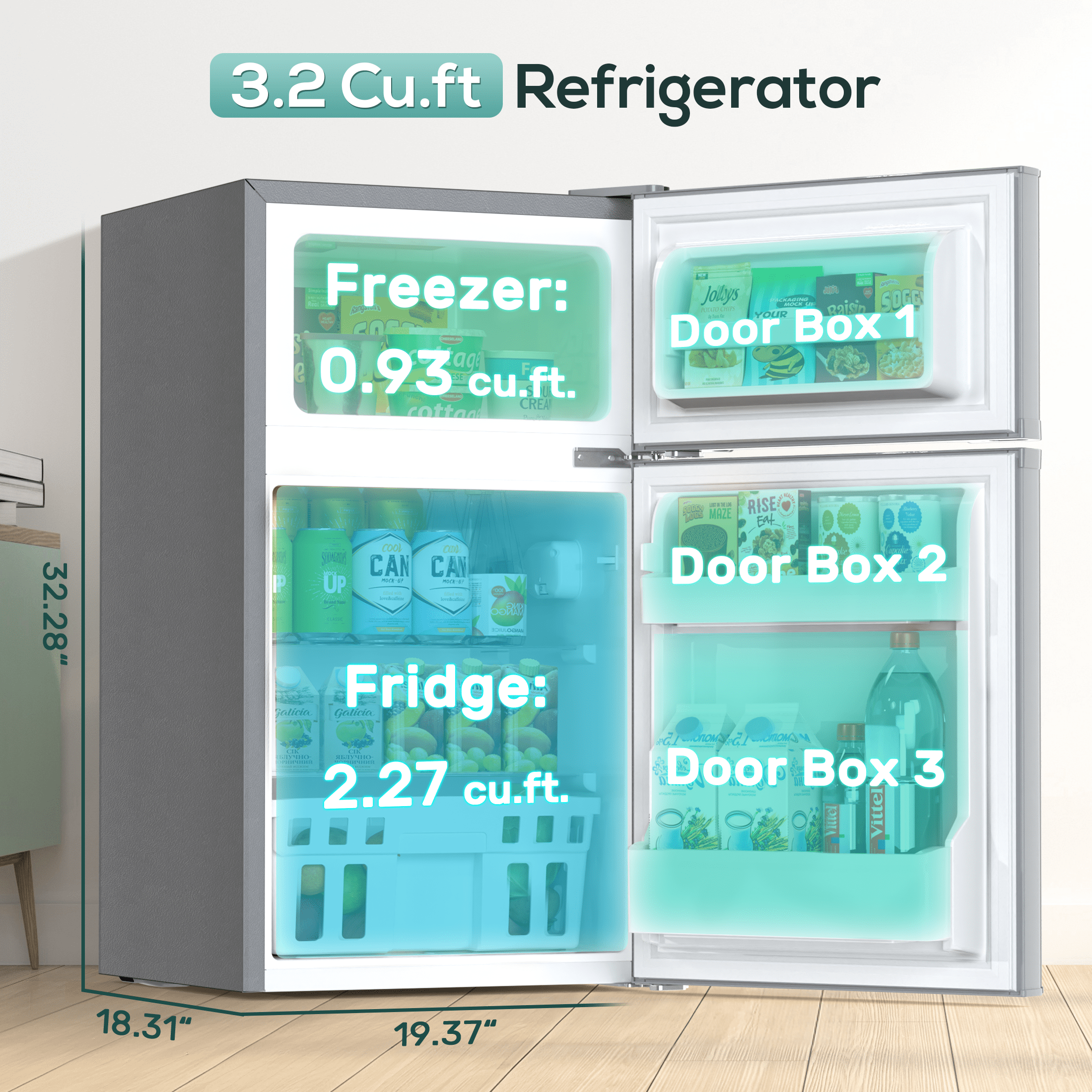 Auseo Double Door 3.5 Cu. ft Compact Refrigerator with Top Door Freezer, Freestanding Mini Fridge with Adjustable Temperature, Grey