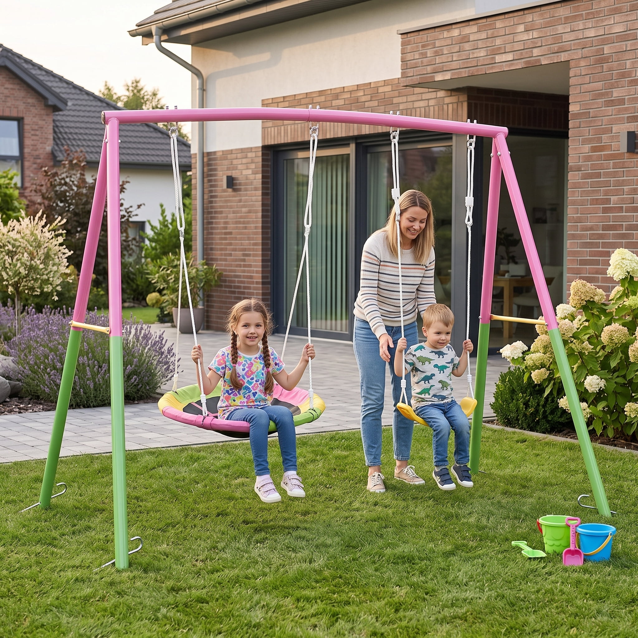 330lbs Heavy-Duty A-Frame Swing Set, Outdoor Metal Swing Stand with 32" Saucer Swing and Belt Swing Seat for Backyard Garden Patio