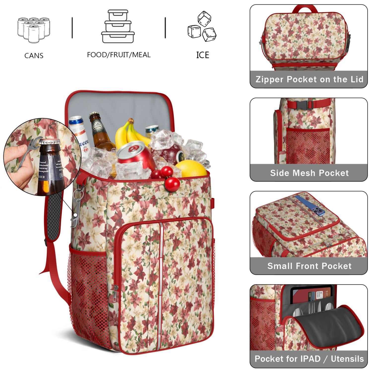 Travel Cooler Bag - Multicolor Christmas Floral Pattern Camping Beer Cooler Backpack with Bottle Opener- Waterproof Insulated Picnic Backpacks - Cooler Bag for Beach
