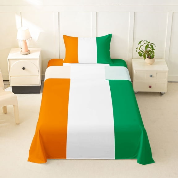 Manfei Flag Of Ivory Coast Twin Sheets,Orange White Green Bedding,3-Piece,1 Fitted Sheet and 1 Pillowcase